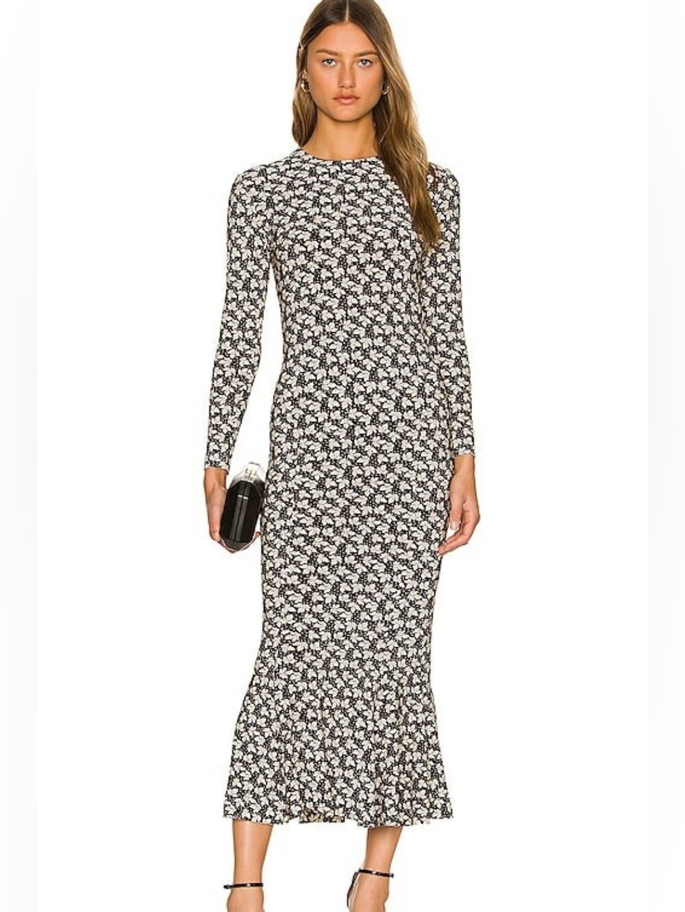 Norma Kamali Leaf Print Long Sleeve Fishtail Maxi Dress